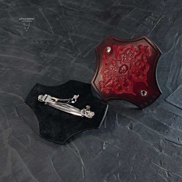 Заколка автомат з натуральної шкіри з тисненням "Gothic Barrette"_Vintage Black HPN-15-0019 фото