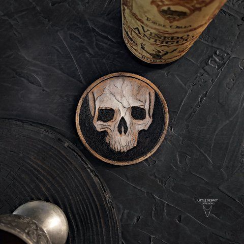 Костер шкіряний "Keeper" | шкіряна підставка під чашку, бокал, стакан_Scull_Front KEP-01-0001 фото