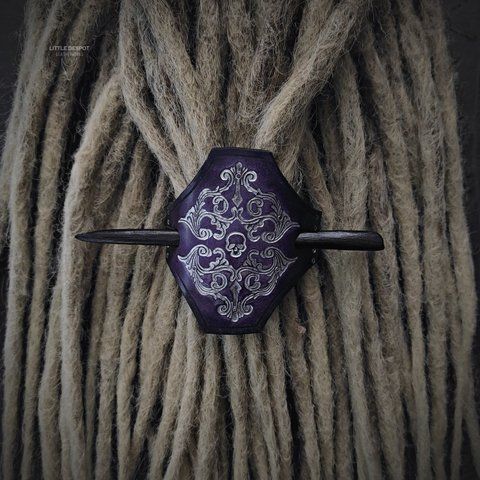 Заколка з натуральної шкіри з тисненням "Gothic Barrette"_Purple + Silver HPN-16-0004 фото