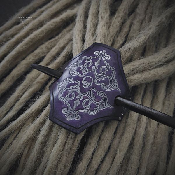 Заколка з натуральної шкіри з тисненням "Gothic Barrette"_Purple + Silver HPN-16-0004 фото