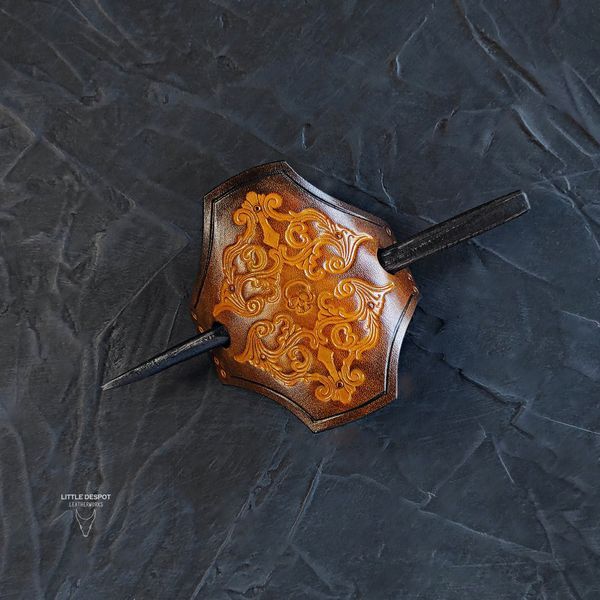 Заколка з натуральної шкіри з тисненням "Gothic Barrette"_Vintage Blue HPN-15-0009 фото