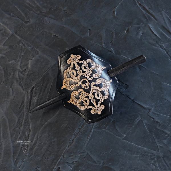 Заколка з натуральної шкіри з тисненням "Gothic Barrette"_Vintage Blue HPN-15-0009 фото
