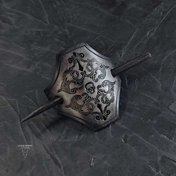 Заколка з натуральної шкіри з тисненням "Gothic Barrette"_Vintage Blue HPN-15-0009 фото