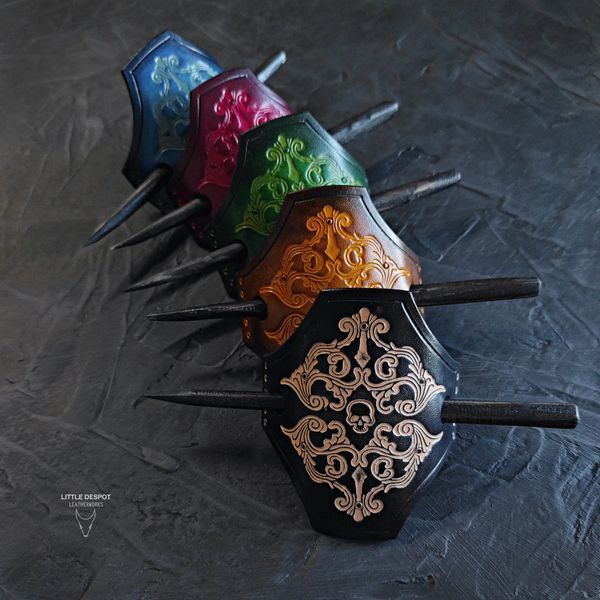 Заколка з натуральної шкіри з тисненням "Gothic Barrette"_Vintage Blue HPN-15-0009 фото