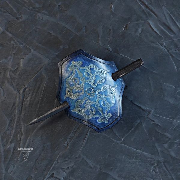 Заколка з натуральної шкіри з тисненням "Gothic Barrette"_Vintage Blue HPN-15-0009 фото