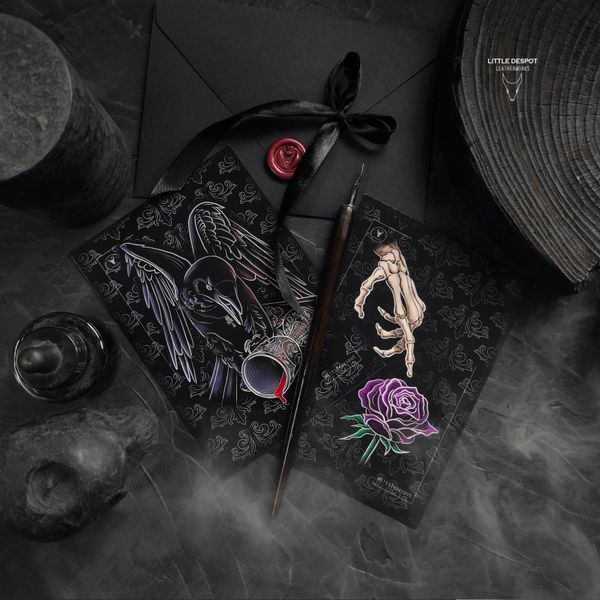 Чорна листівка з авторським дизайном "Goth Card"_Wine with Crow&nbsp; CRD-01-0601 фото
