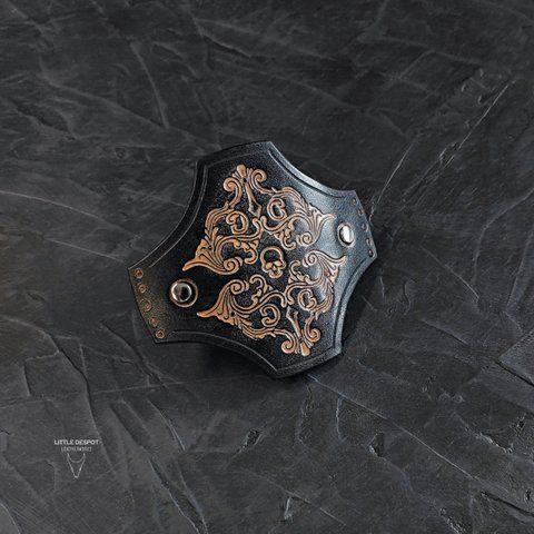 Заколка автомат з натуральної шкіри з тисненням "Gothic Barrette"_Vintage Black HPN-15-0019 фото