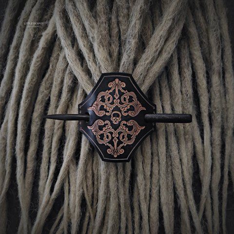 Заколка з натуральної шкіри з тисненням "Gothic Barrette"_Black + Beige HPN-16-0005 фото
