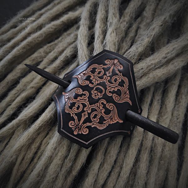 Заколка з натуральної шкіри з тисненням "Gothic Barrette"_Black + Beige HPN-16-0005 фото